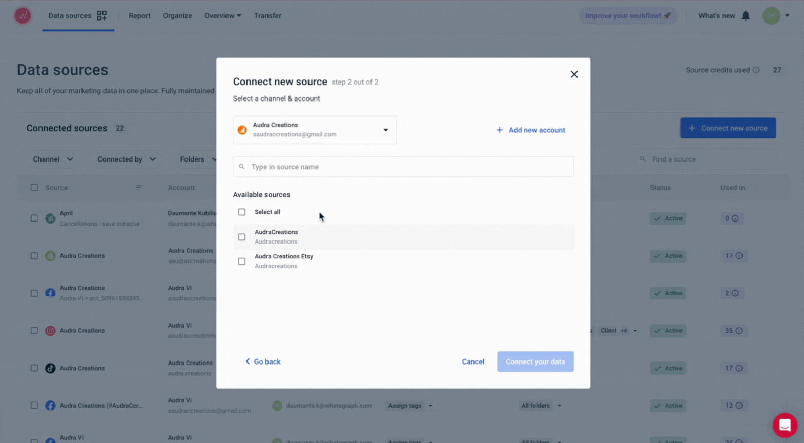 Connecting a Source - A modal window listing available sources with checkboxes.