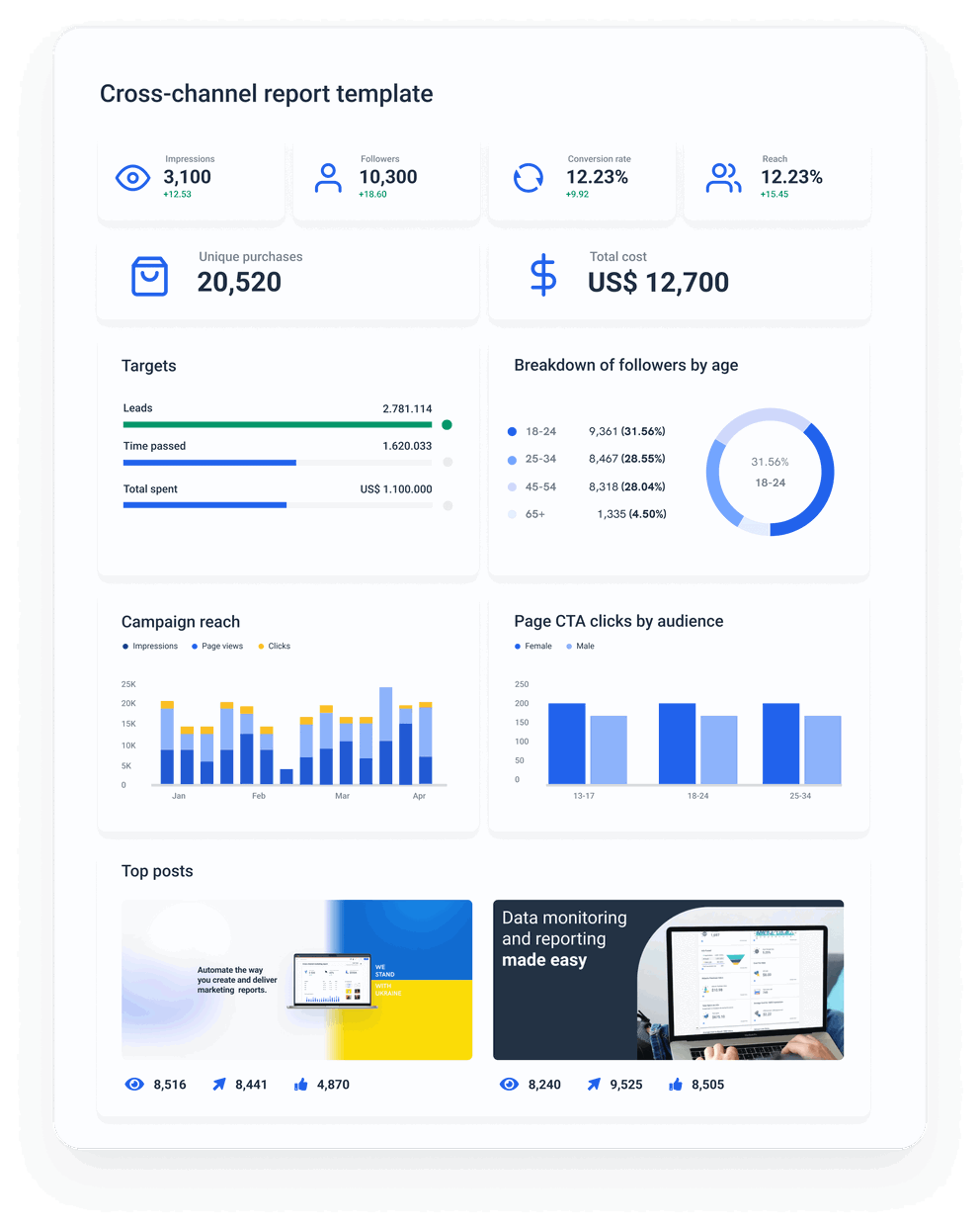 Cross channel reporting template with Whatagraph