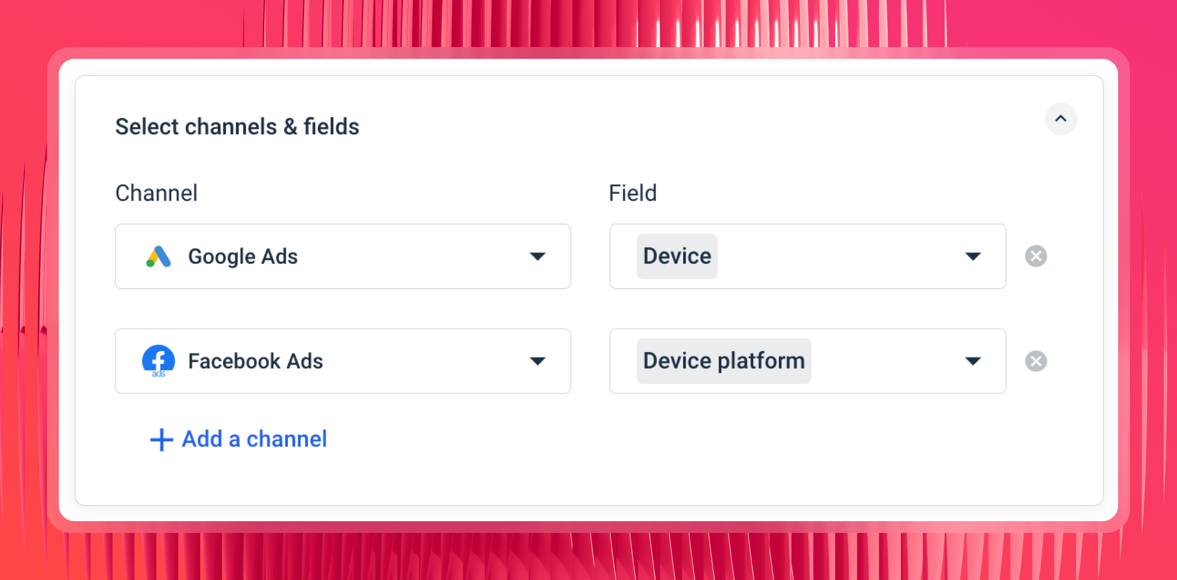 Custom Dimensions - A panel with channel and field selectors for Google and Facebook Ads.