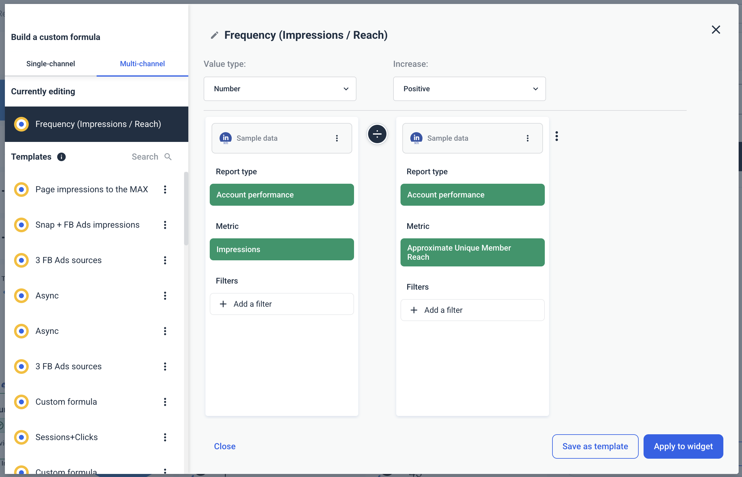 Custom Formula - Multi-channel reporting interface with frequency calculation setup.