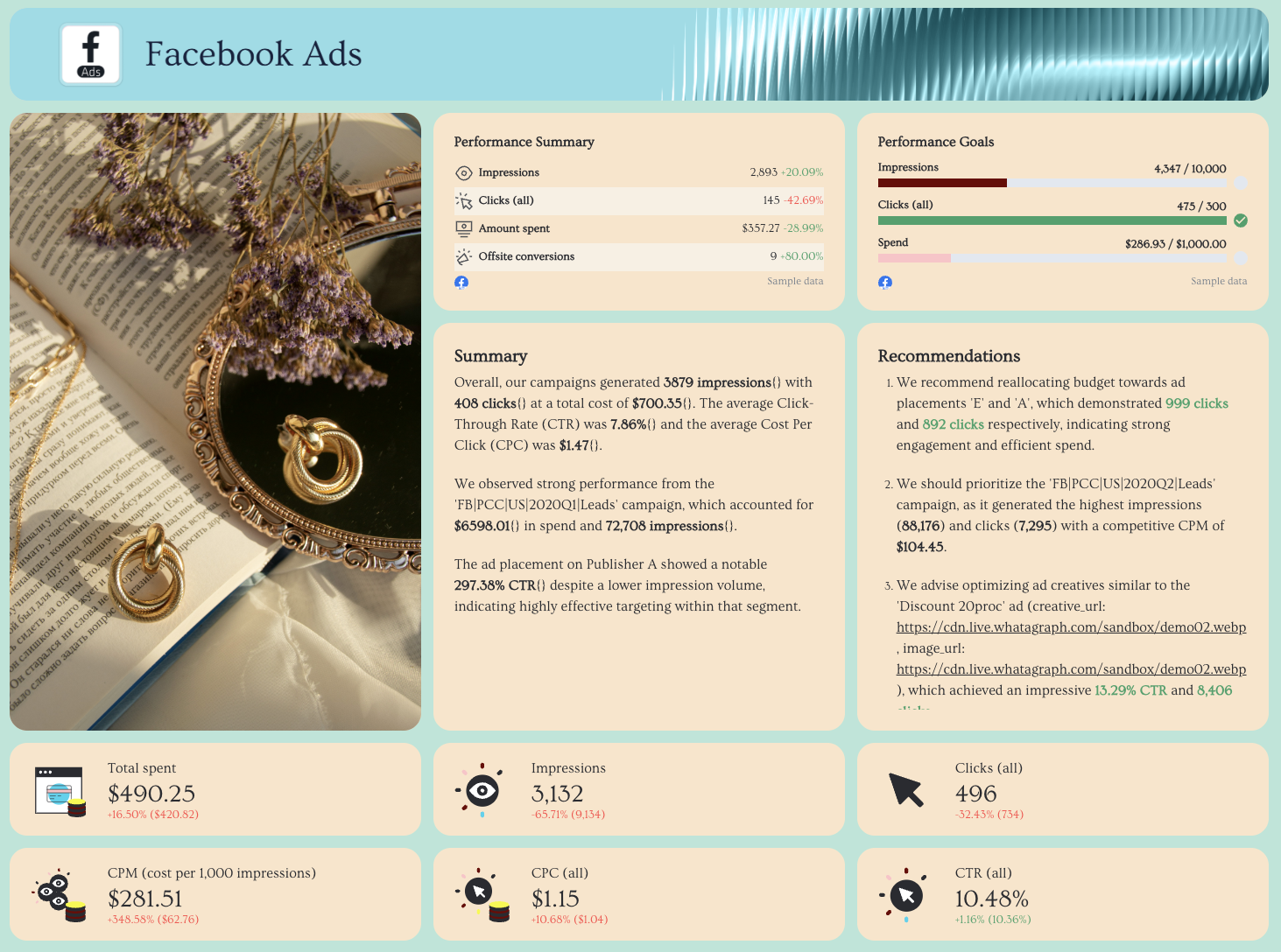 ECommerce Report Template - Facebook ad performance report with graphs and summary.