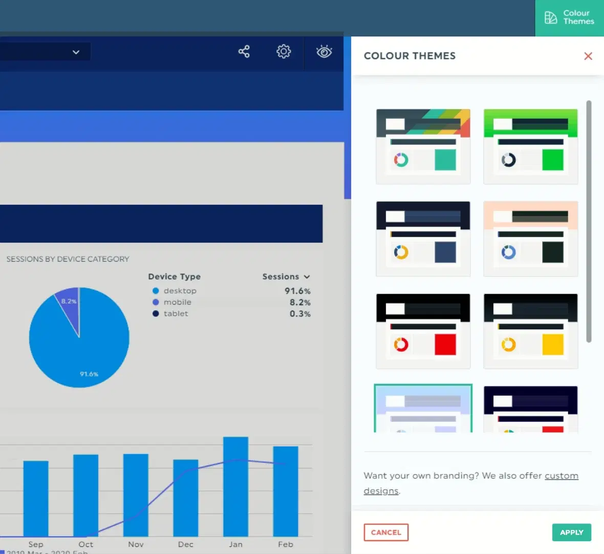 Dashthis Customization - A dashboard customization menu with color theme options.