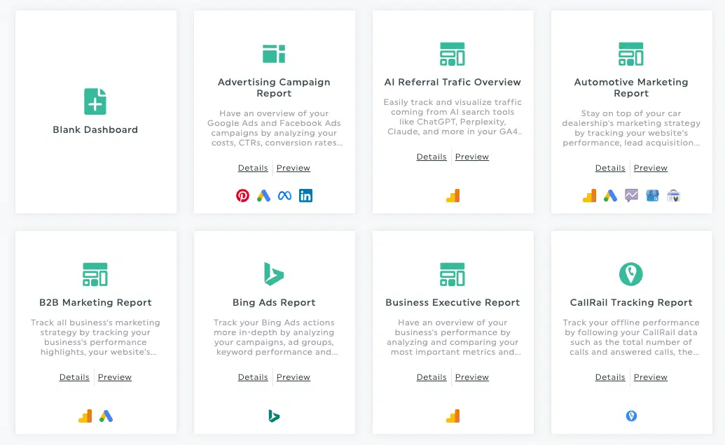 DashThis Dashboard - Eight report template options in a grid-style dashboard interface.
