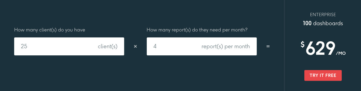 DashThis Pricing - Pricing structure showing client inputs and total monthly cost