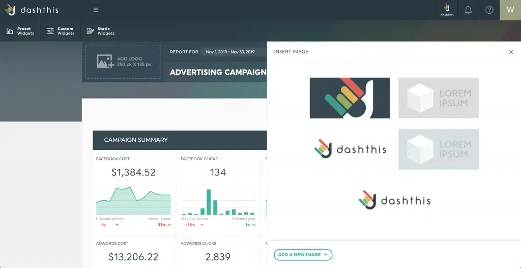 DashThis Report Dashboard - Dashboard interface with charts, data tables and image selection options