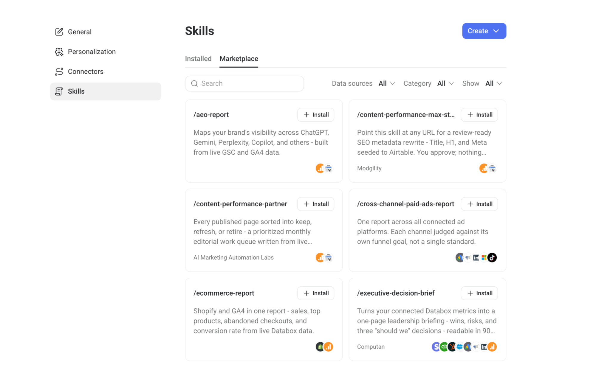 Databox skills and marketplace tab