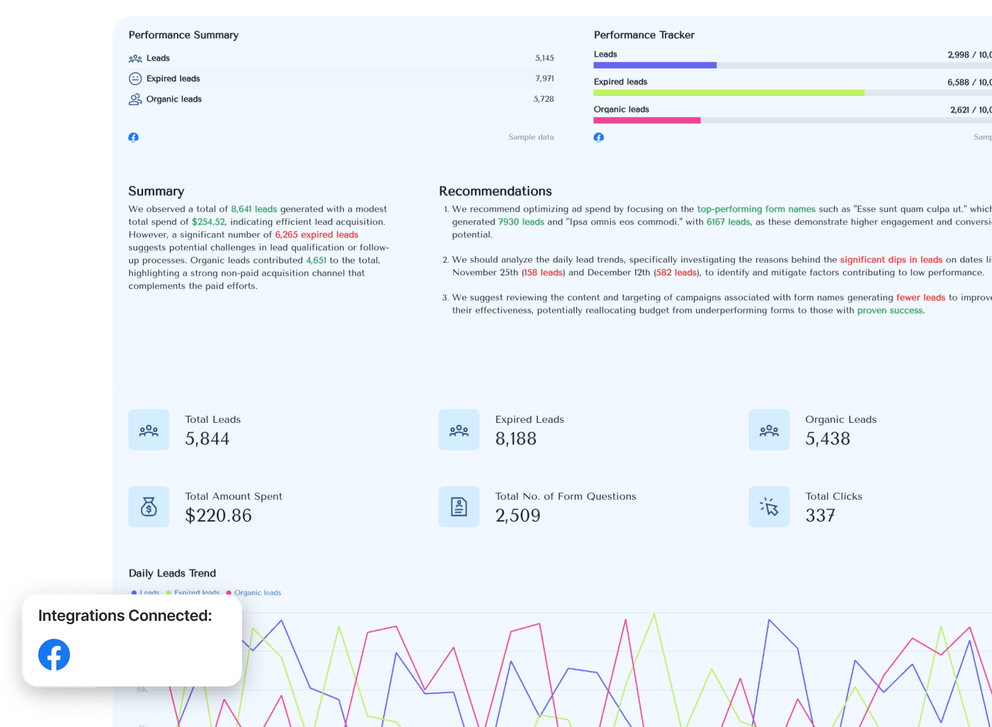 Facebook Lead Ads Integration - A dashboard displaying lead generation metrics and recommendations.
