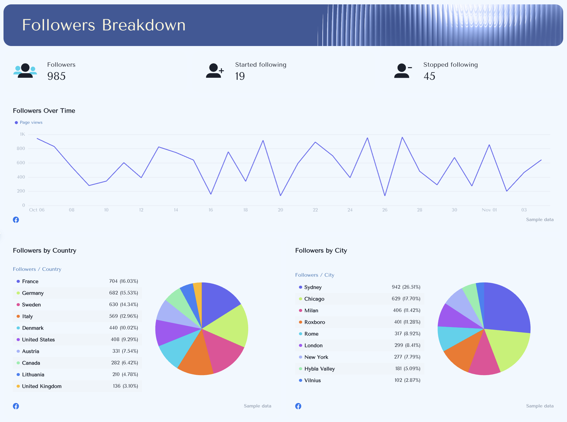 Facebook Page Report Template - A followers breakdown shows charts and data visualizations.