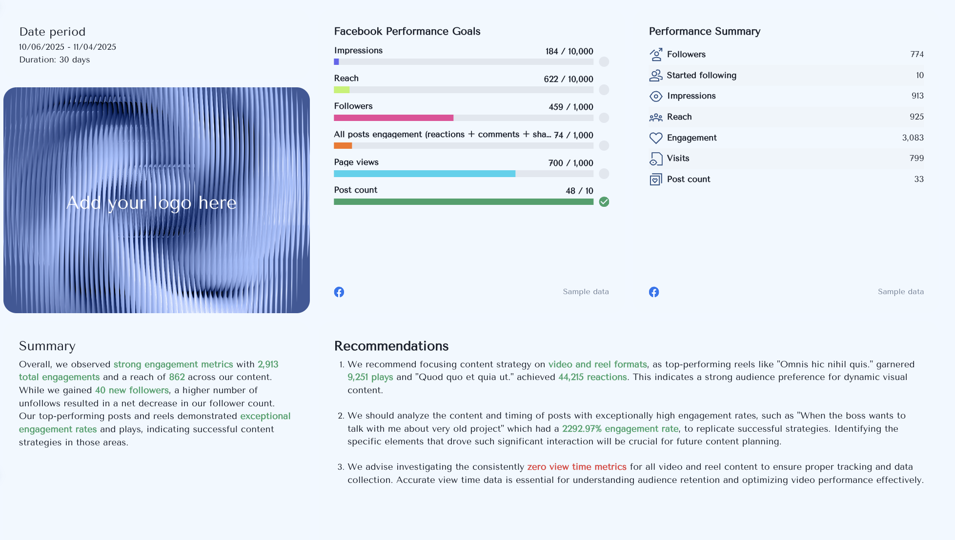 Facebook Page Report Template - Facebook page performance report with charts and recommendations.