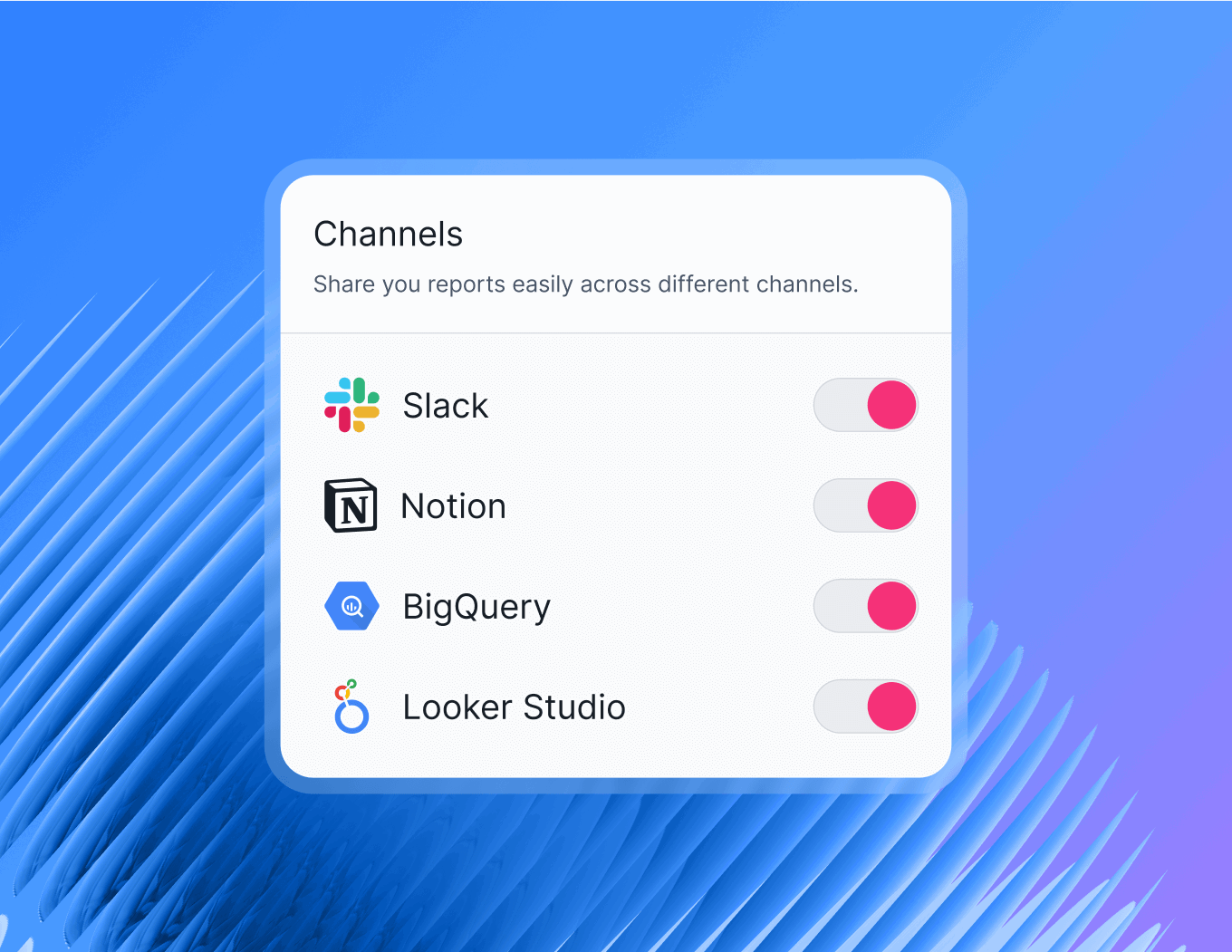 Features List Share DESKTOP - A settings panel showing toggle options for Slack, Notion, BigQuery, and Looker Studio.

