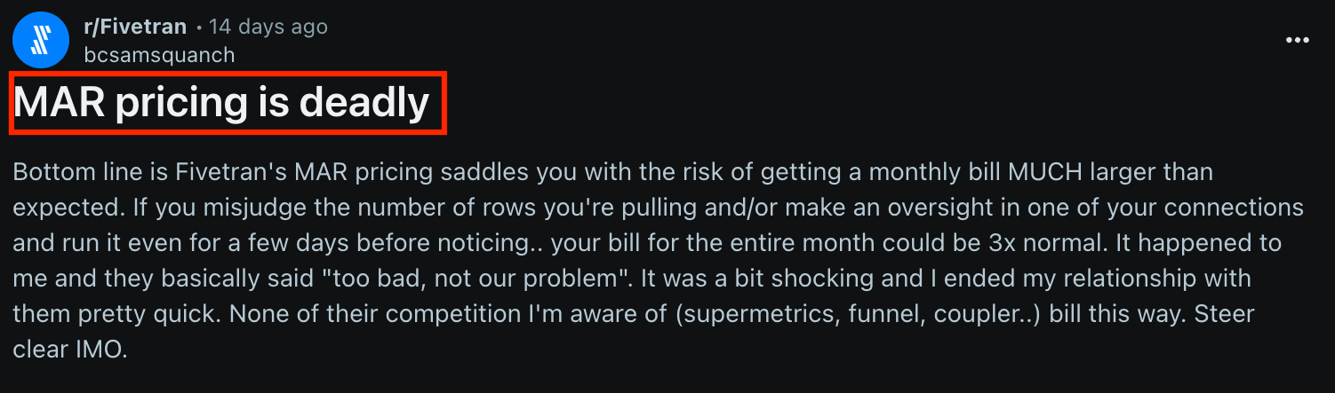 Fivetran Mar Pricing Is Deadly Comment - A Reddit post with the title highlighted in red.