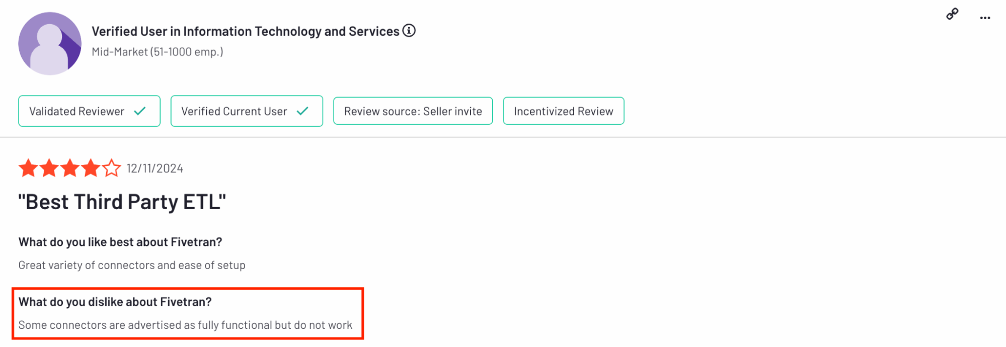 Fivetran Connectors Do Not Work Review - Customer review with rating and feedback on Fivetran.