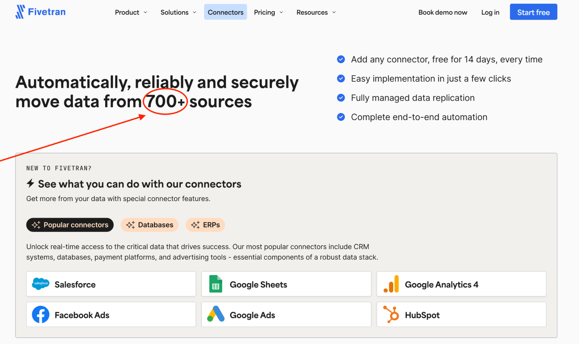 Fivetran Connectors Page - Website showing Fivetran features and connector types.