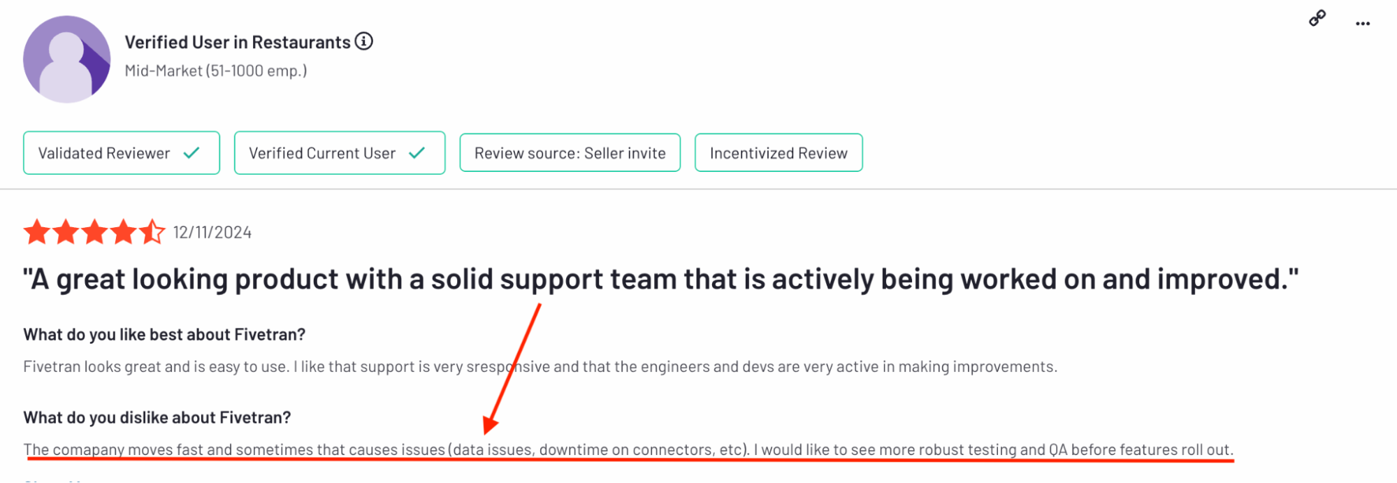 Fivetran Data Issues Review - A customer review with a profile and star rating for a product.