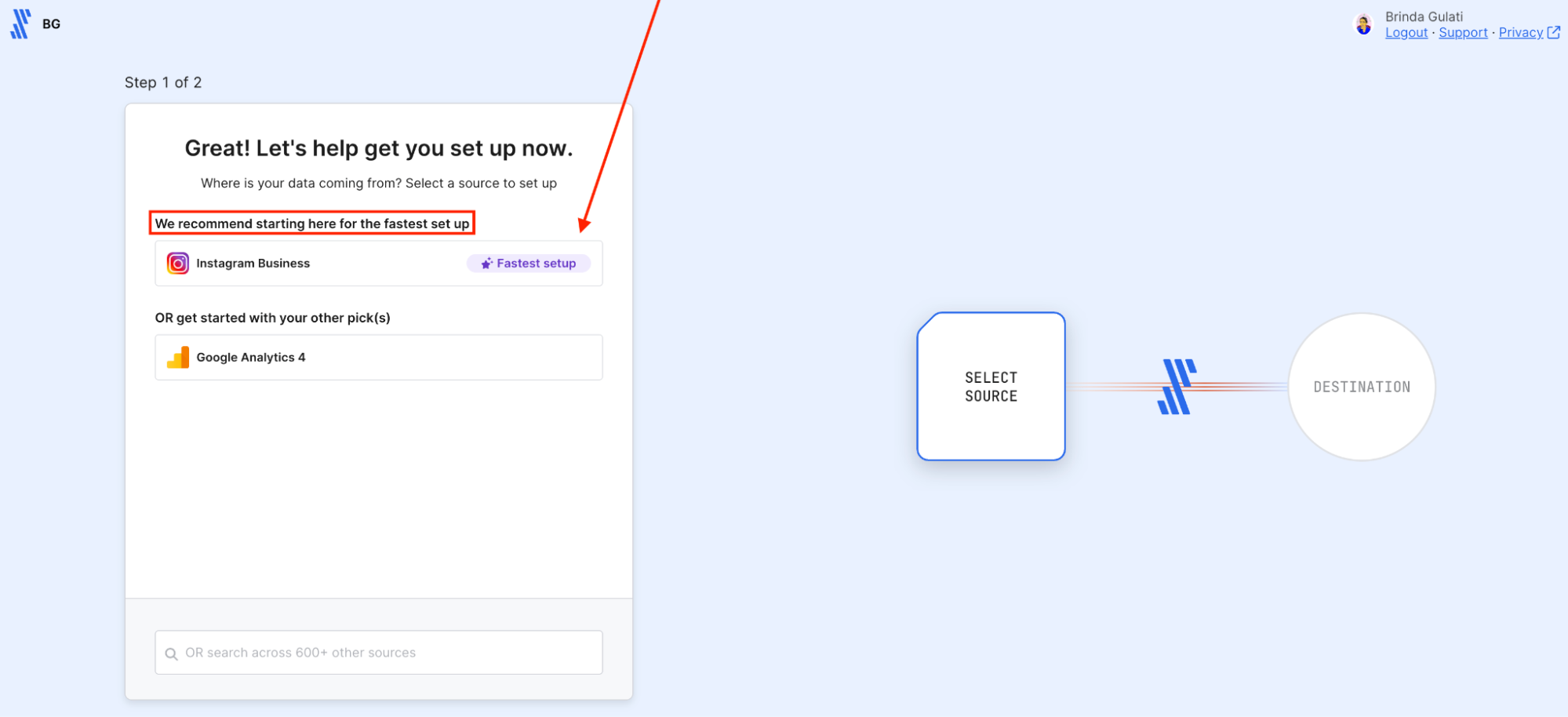 Fivetran Data Source Connector - Data source selection interface with Instagram and Google Analytics options.