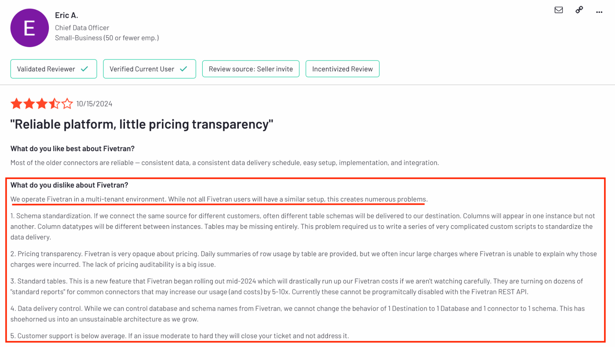 Fivetran Negative Review - Screenshot of a customer review listing dislikes.