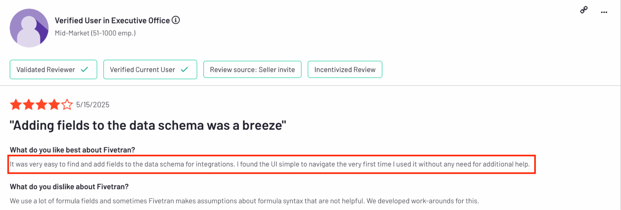 Fivetran Positive Review - A review highlighting ease of use with star rating and user verification tags.