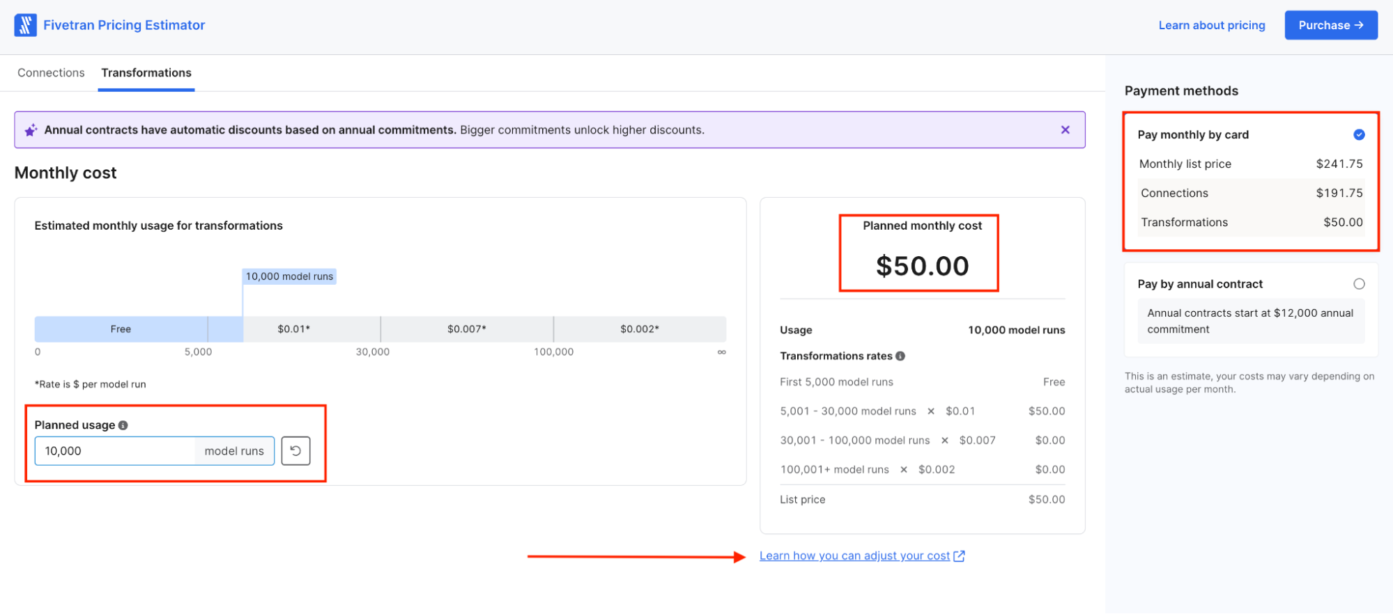 Fivetran Pricing Estimator Planned Usage - Fivetran pricing estimator showing cost calculations.