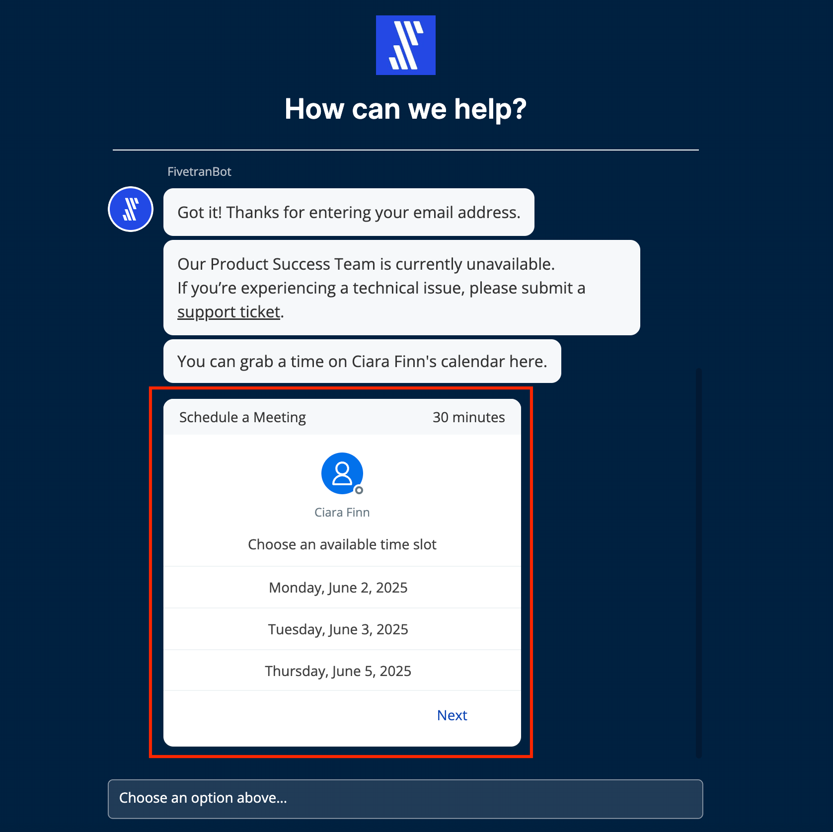 Fivetran Support Channel - Chat interface with scheduling options for a meeting with Ciara Finn.