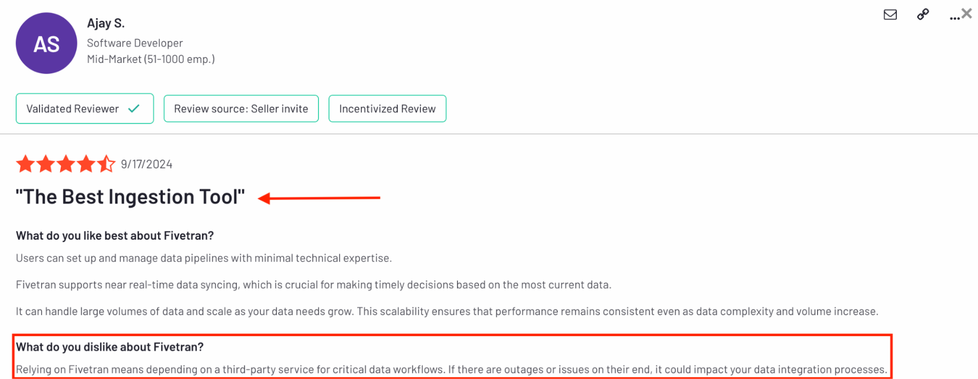Fivetran third party review - A customer testimonial for Fivetran.