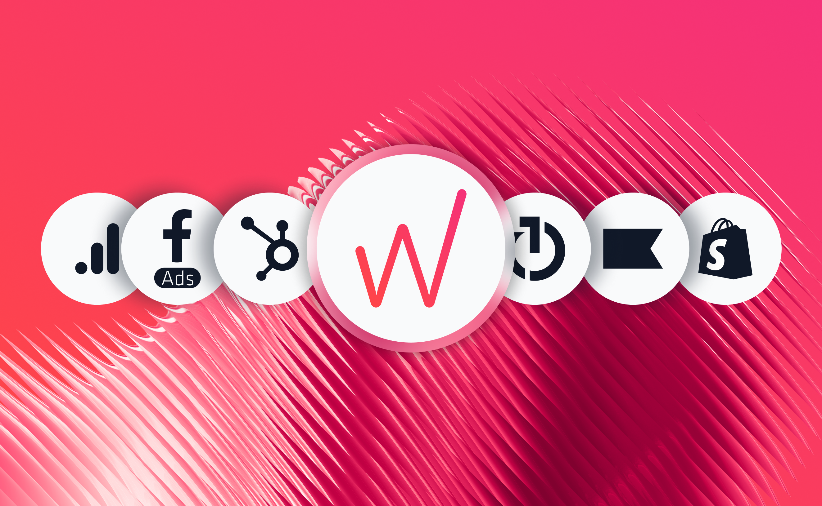 Whatagraph native integrations showing channel logos including Google Ads, Facebook, HubSpot and Shopify.