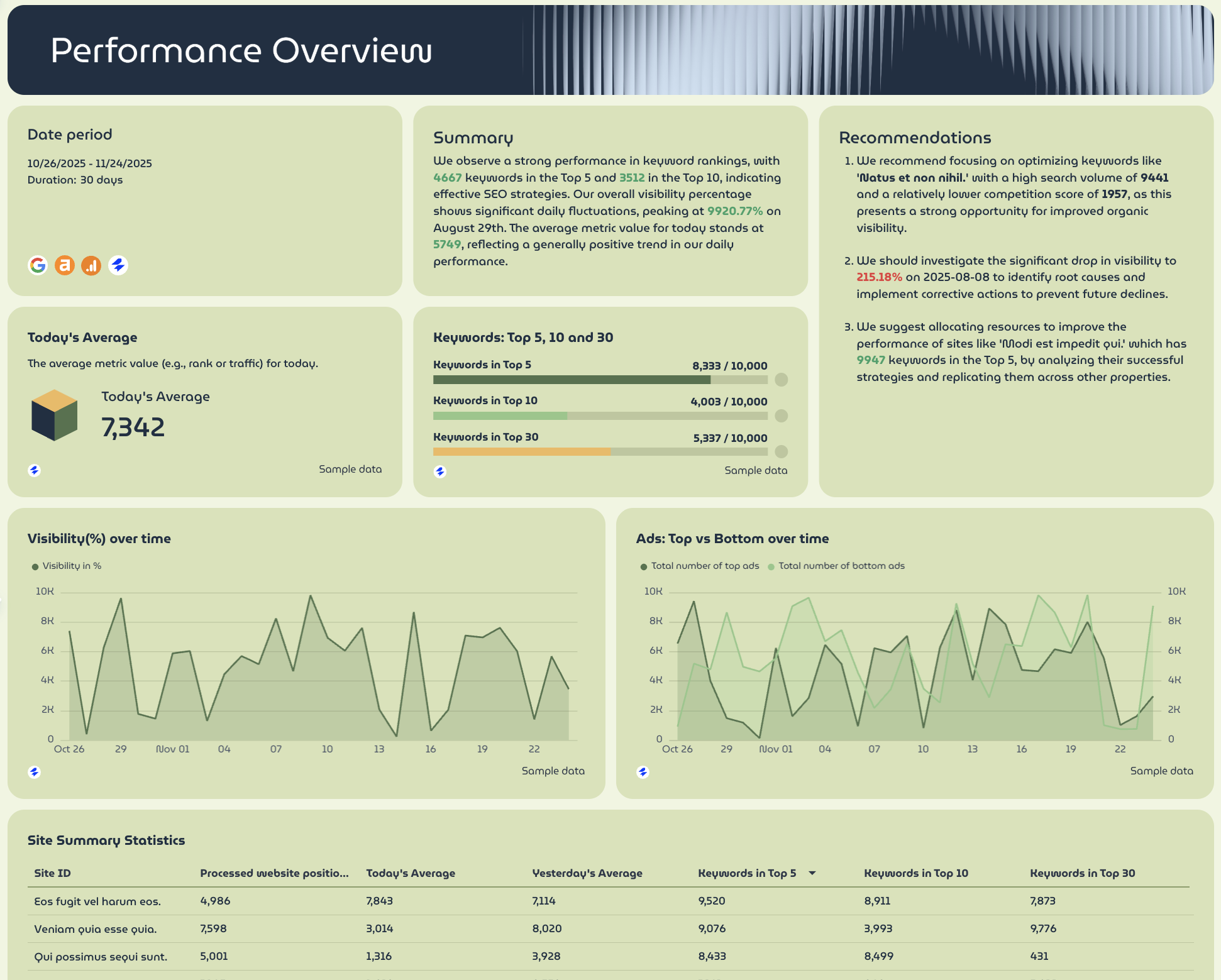 Keyword Ranking - A dashboard showing performance overview including graphs and statistics.