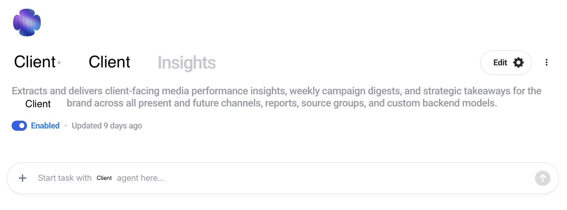 GKV specialized client agent - IQ Agents profile for a client insights agent that delivers media performance insights and campaign digests.