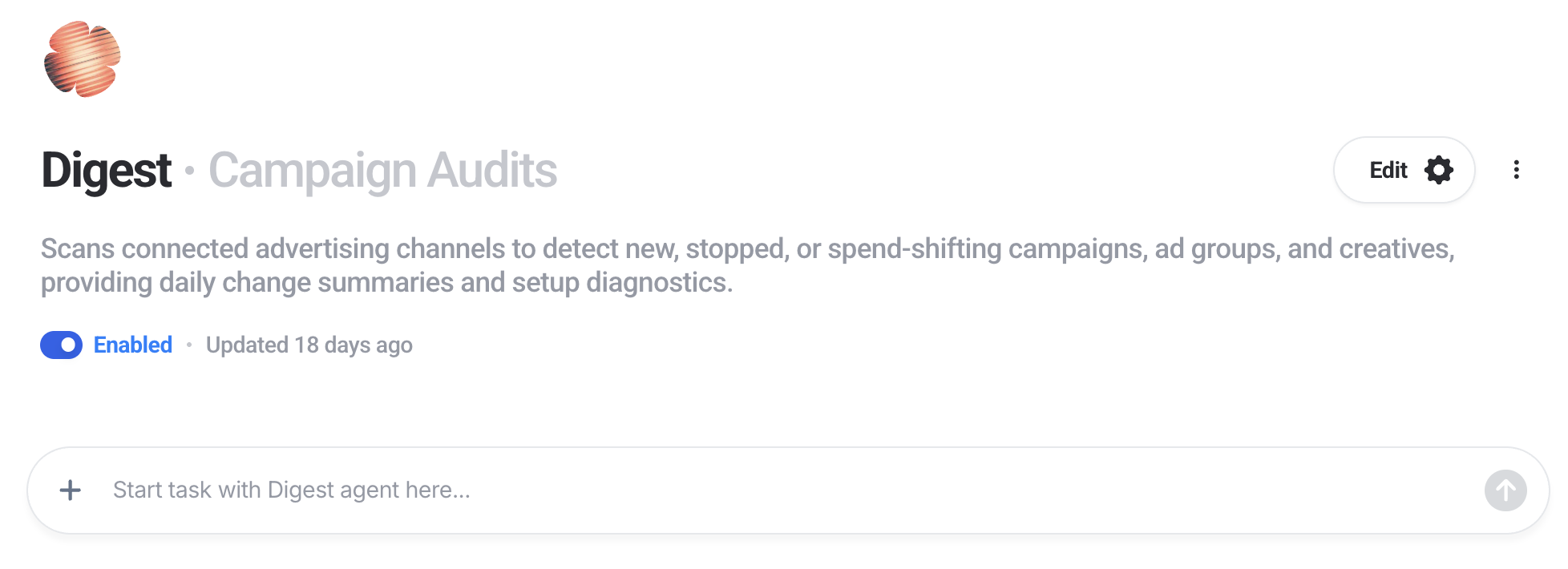 GKV digest agent - IQ Agents profile for a Digest campaign audits agent that detects new, stopped or spend-shifting campaigns.