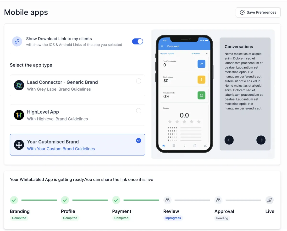GoHighLevel Dashboard - App customization screen with brand selection, progress bar.