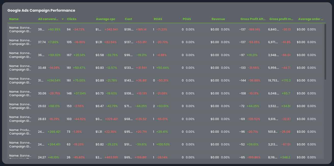 Google Ads Campaign Performance - A table displays Google Ads campaign performance metrics.