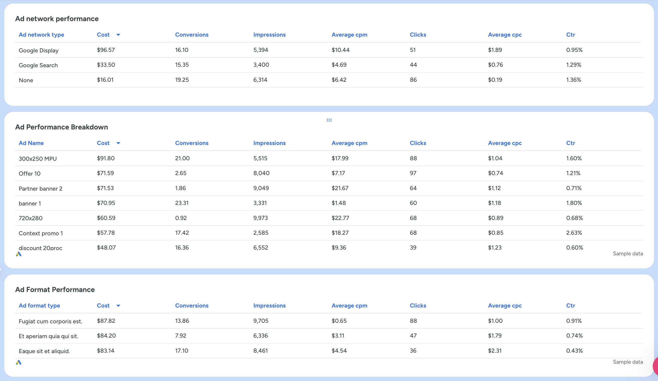 Google Ads Ad Performance - Tables showing ad network, performance, and format metrics.