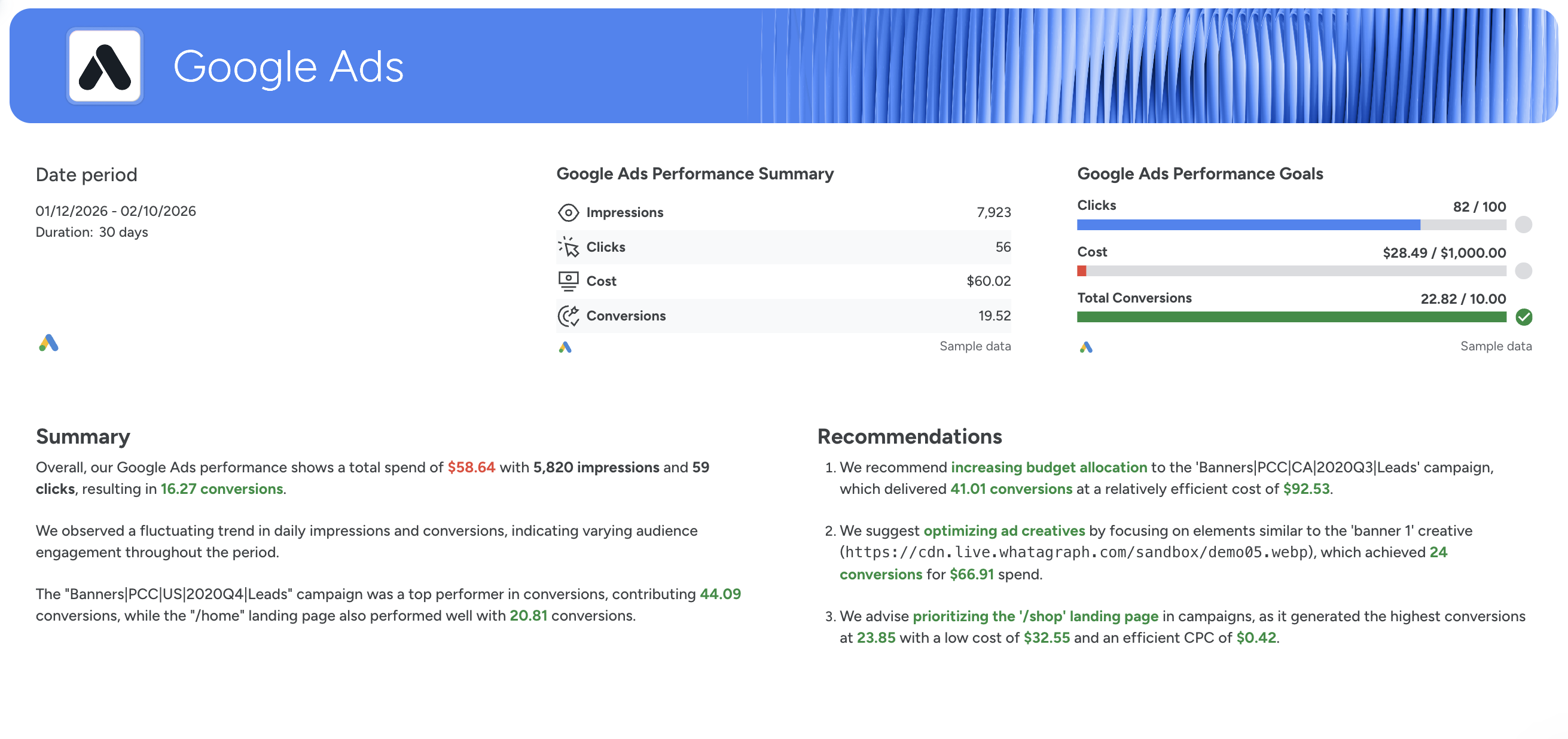 Google Ads Overview - A Google Ads performance report displays metrics, goals, and recommendations.