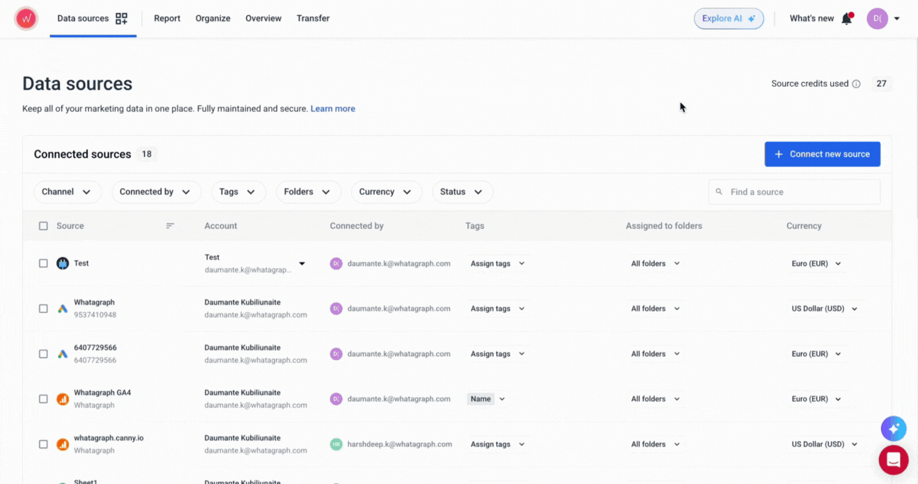 Google Sheets Integration - Data source table with channel, account, tags, and currency information.