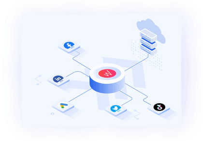 An illustration of Whatagraph logo with lines showing connectivity to data sources and social media companies