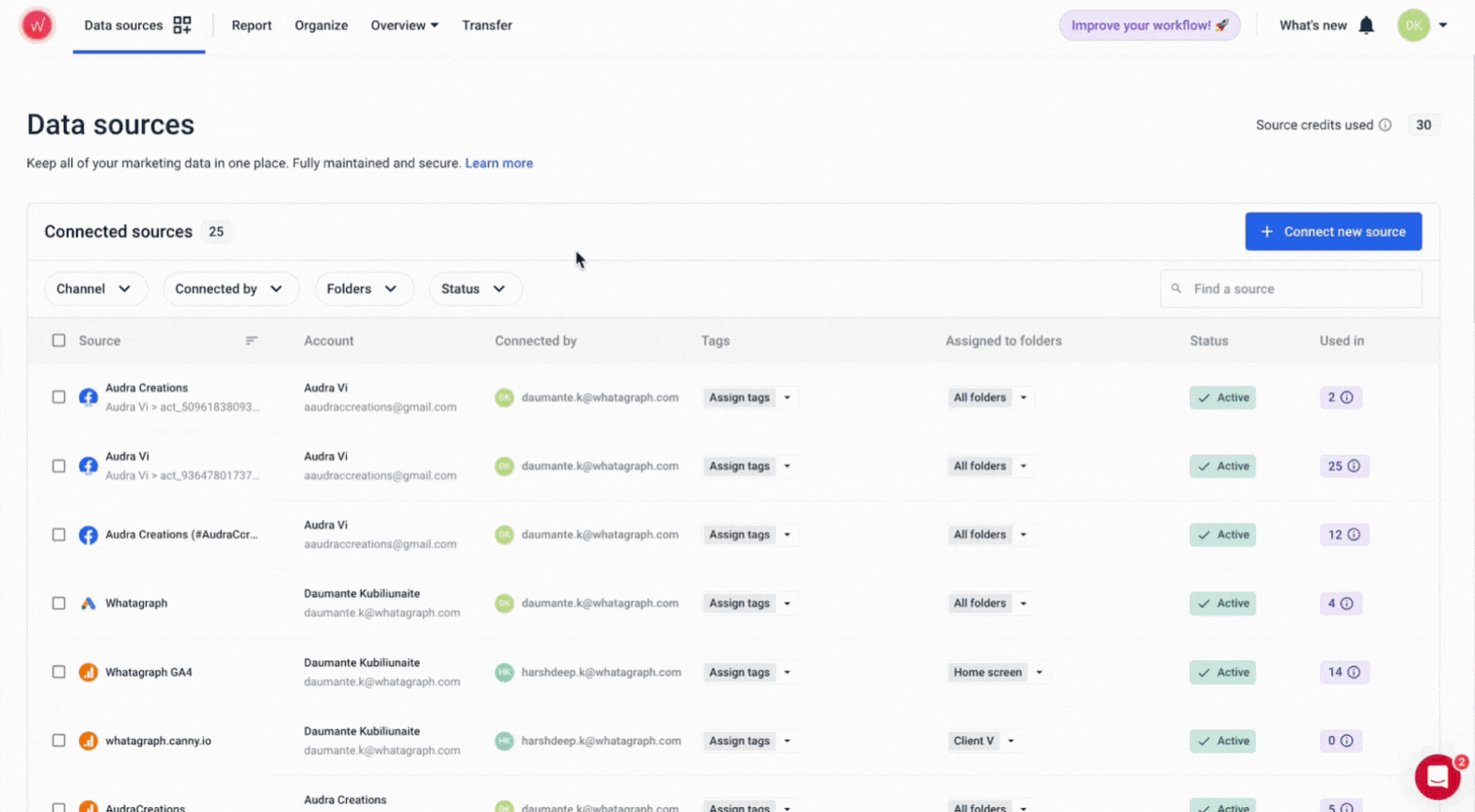 How To Remove A Source - A table displaying connected data sources with channel, account, status, and usage information.