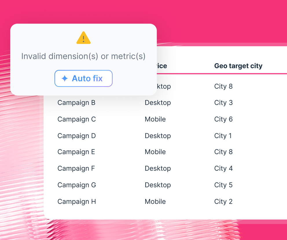 IQ Autofix - A dialog box showing an error message with an "Auto fix" button overlays a table.
