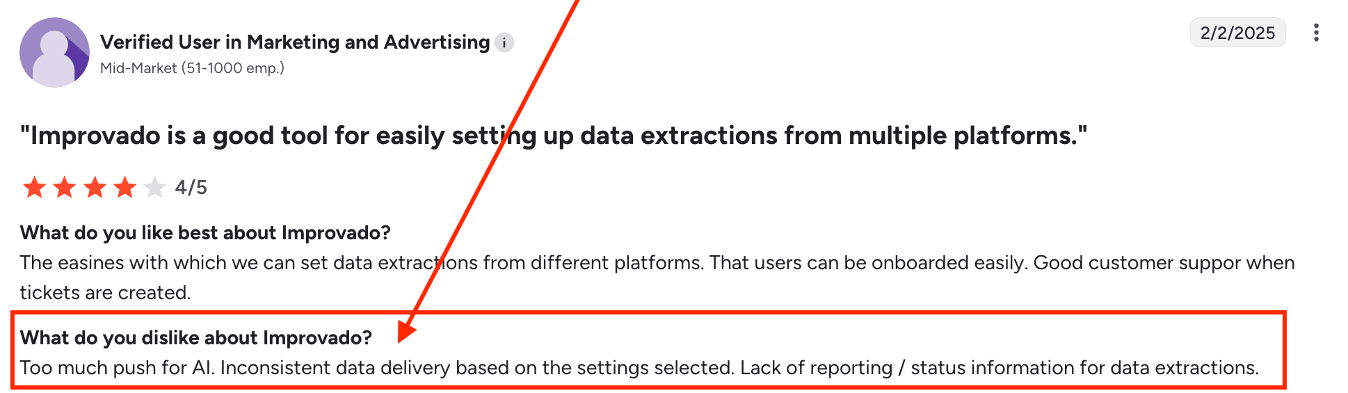 Improvado Cons - A customer review shows a positive rating with dislike about AI and reporting.