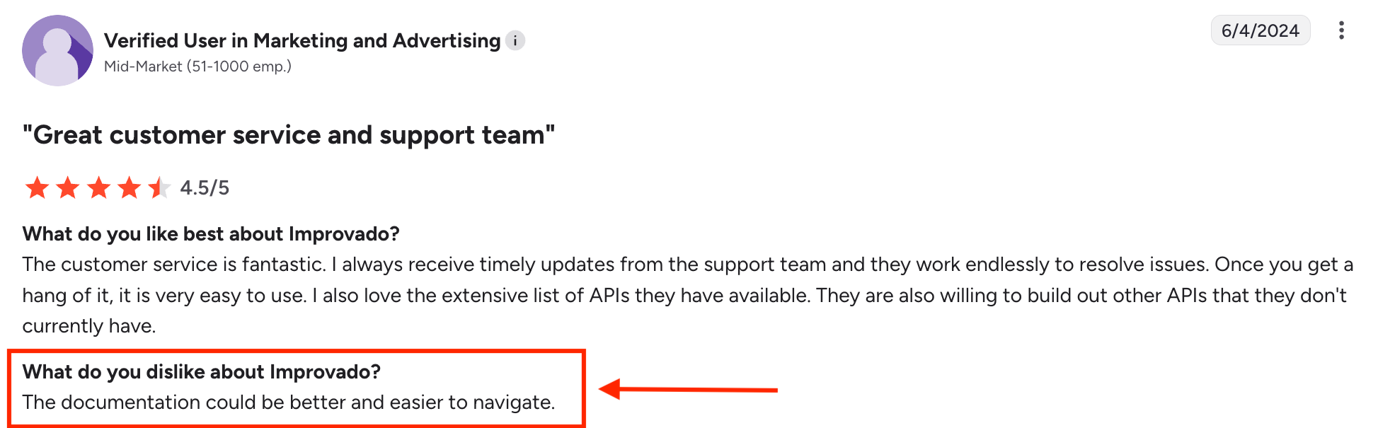 Improvado Knowledge Base Con - Customer review highlighting documentation issues with an arrow.