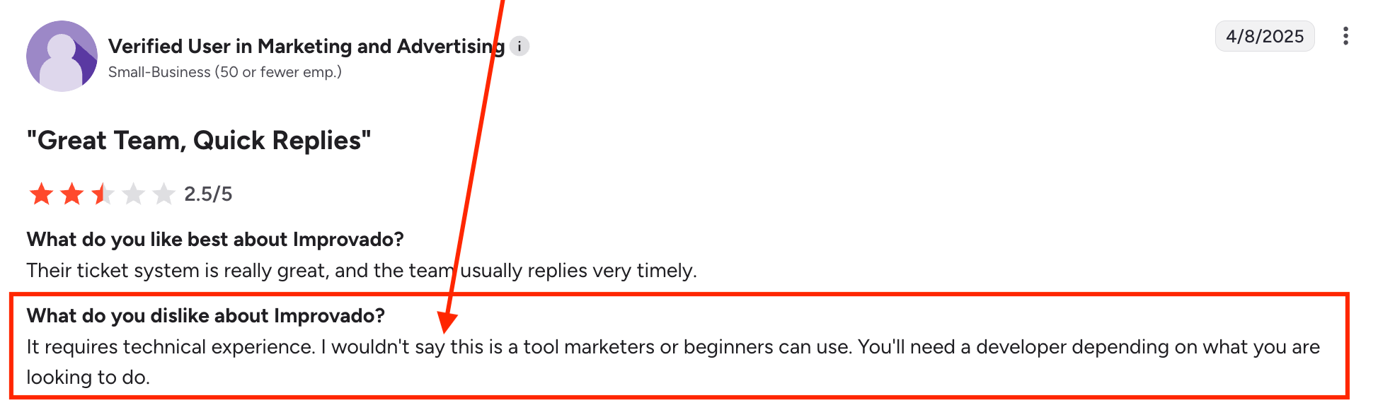Improvado Negative Review - User review with 2.5 star rating and negative comments highlighted.