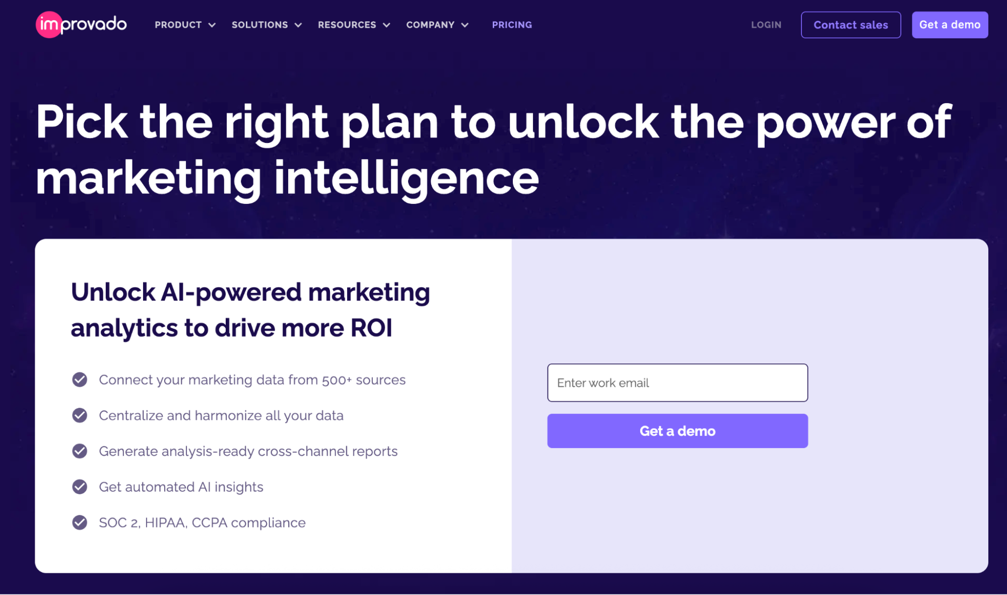 Improvado Pricing - Website landing page with a form and marketing benefits.