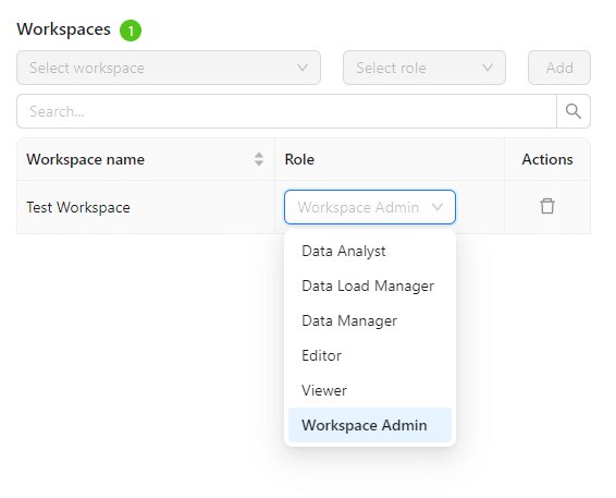 Improvado User Roles - Dropdown list of user roles for a workspace.