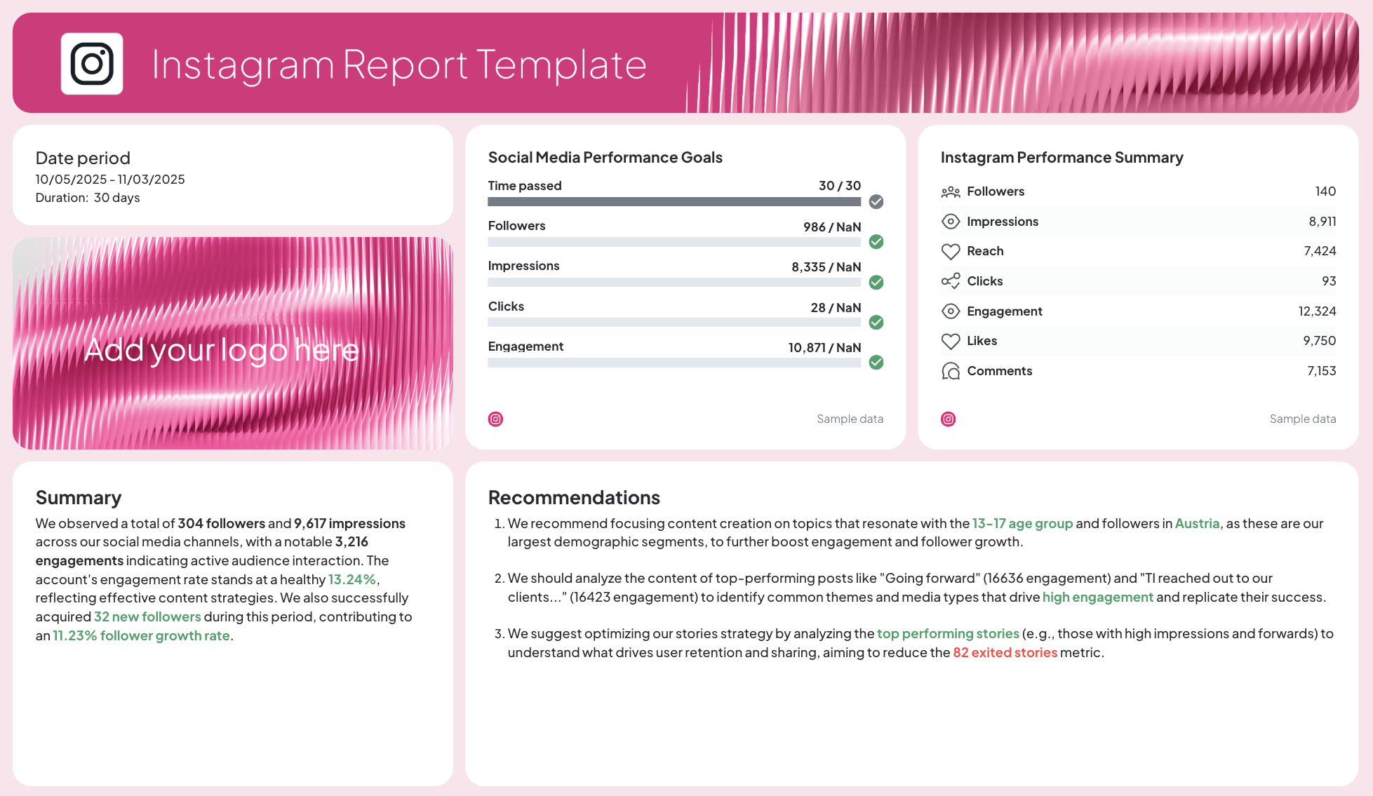 Instagram Report Template - A well-organized Instagram report with performance data, summary, and recommendations.