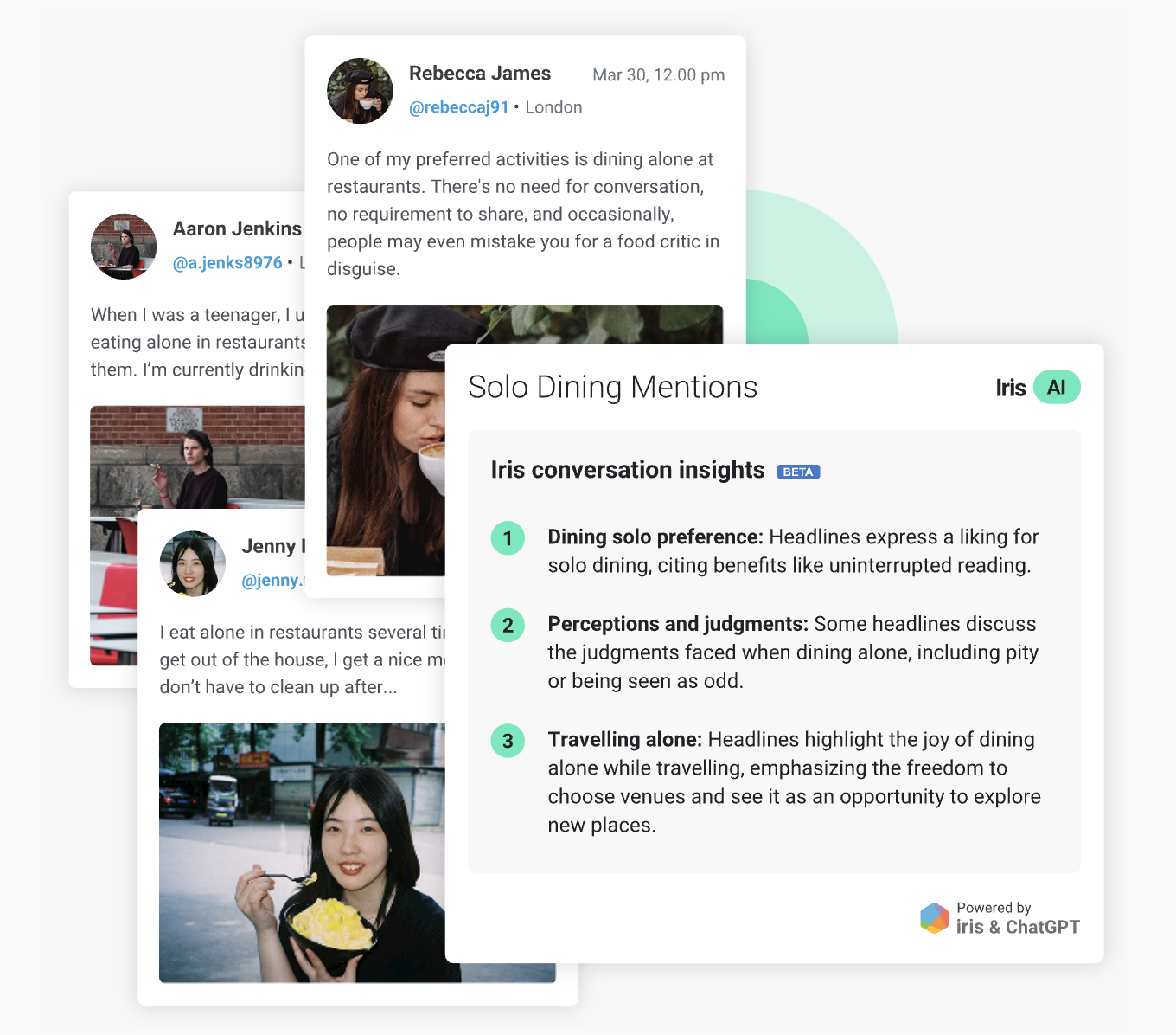 Iris AI Brandwatch - A collage of tweets & a summary of insights about solo dining.