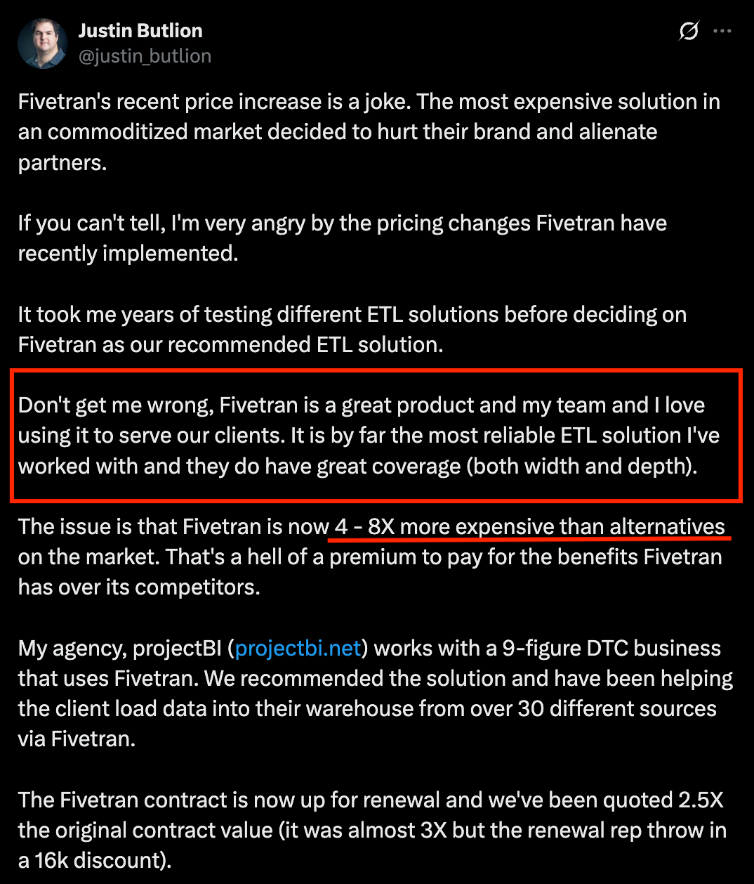 Justin Butlion X Post - A tweet with strong criticism of Fivetran's pricing.