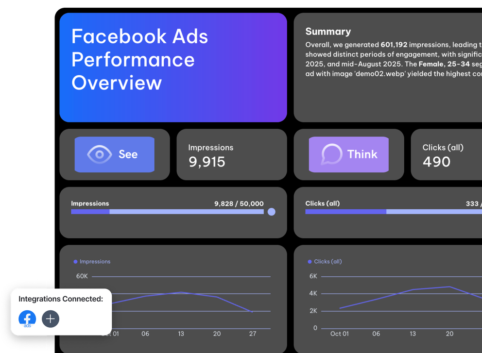 Looker Studio Facebook Ads Report Template - Dashboard view with charts, metrics, and a summary of data.
