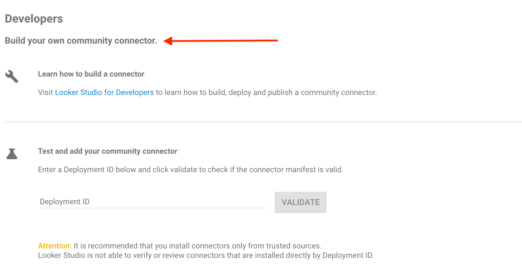 Looker Studio Community Connector Builder - The developers section of Looker Studio.