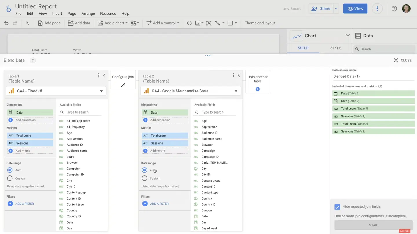 Looker Studio Data Blending - Data blending interface showing two tables with dimensions and metrics.