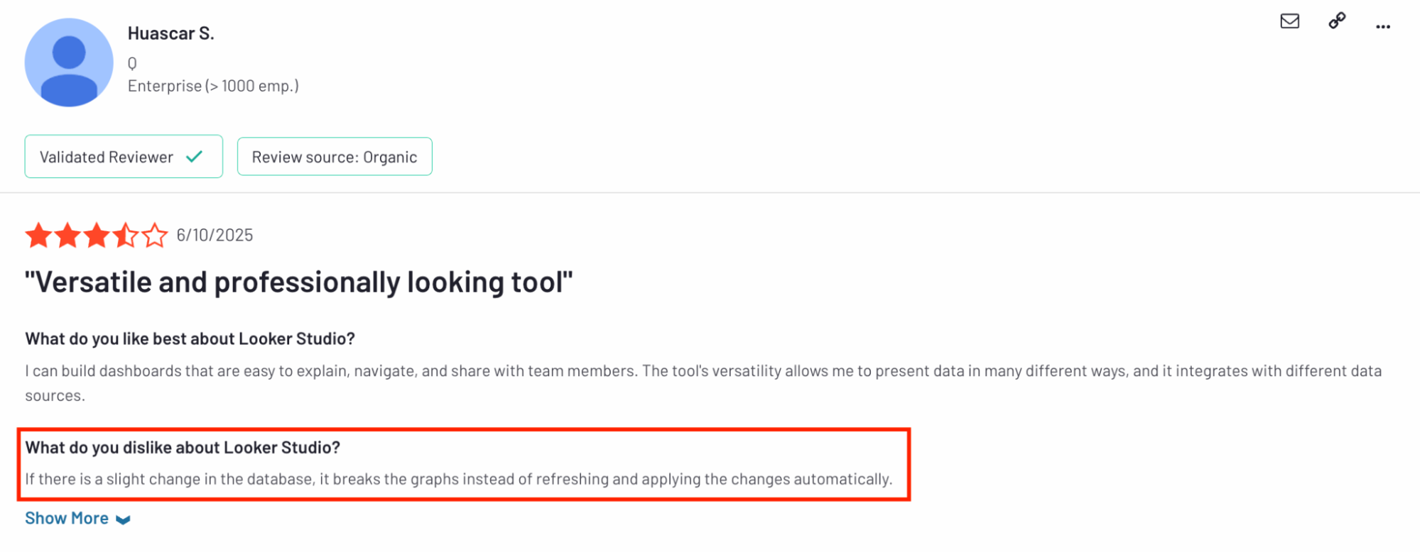 Looker Studio Dislike Review - A user review showing dislikes about Looker Studio.