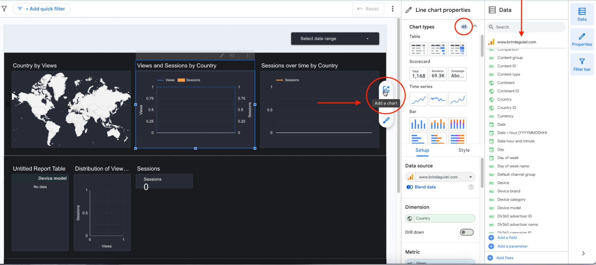 Looker Studio - Looker Studio dashboard showing charts, data, and properties.