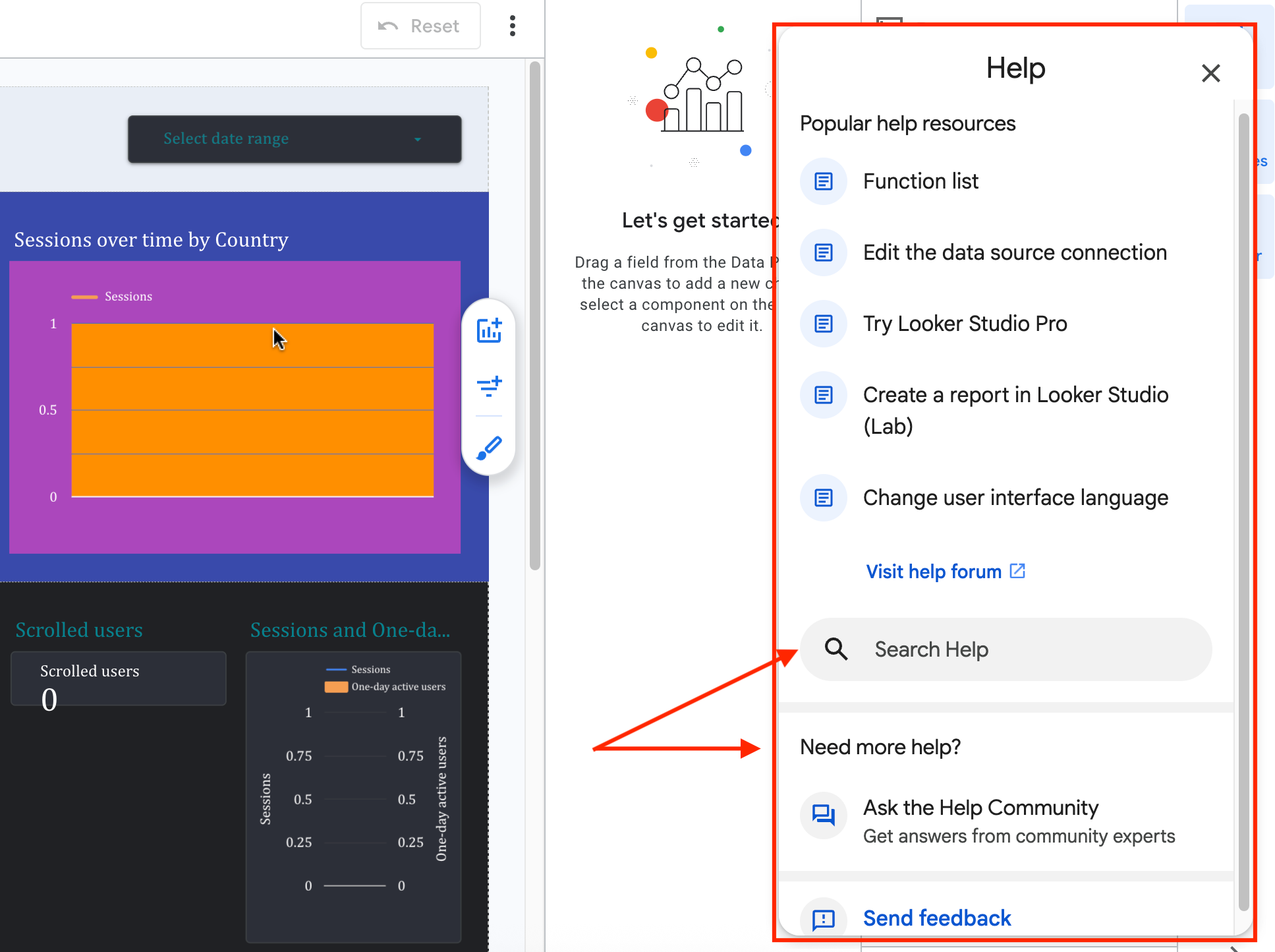 Looker Studio Help Resources - Help dialog with popular help resources and a search bar.